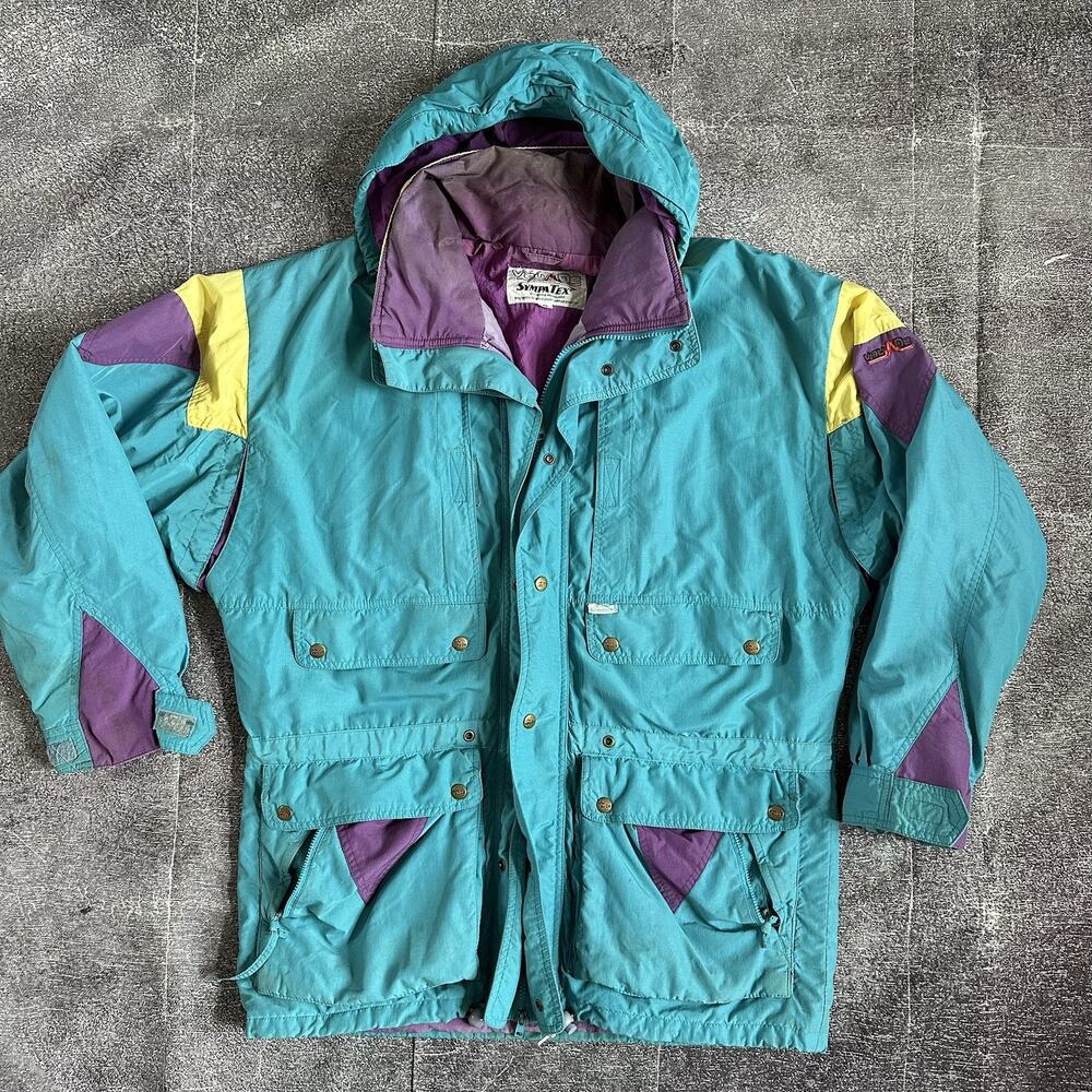 Mens Vintage 90s Vaude Pastel Blue Purple Hooded Lined Ski Snowboard Jacket Sz M